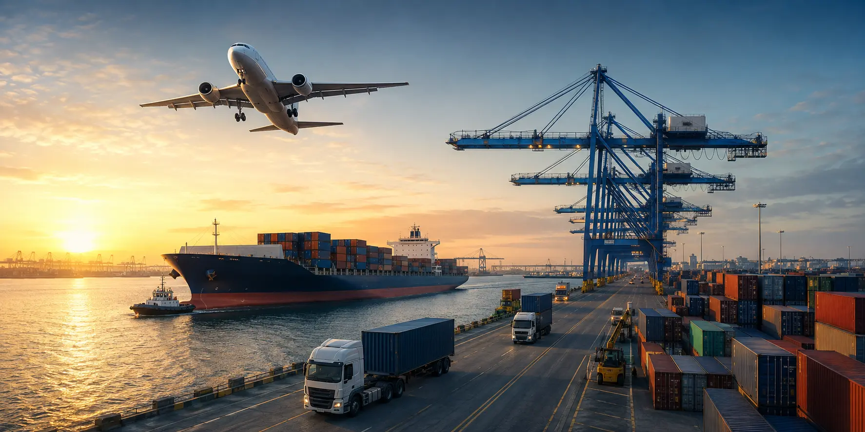 Cargo aircraft, container ship and trucks operating at an international port